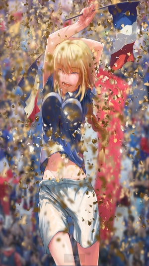 Jeanne d'Arc from Fate/Grand Order celebrating with French flags and confetti