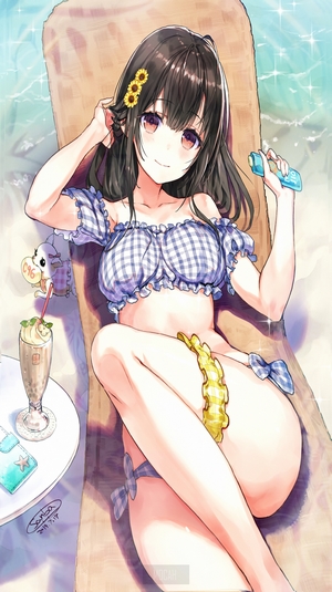 Anime girl in bikini on beach with drink