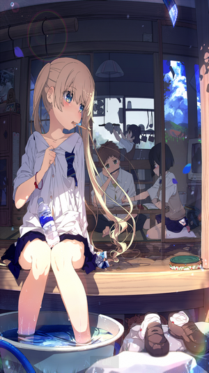 Anime School Friends Relaxing by Water on Sunny Day