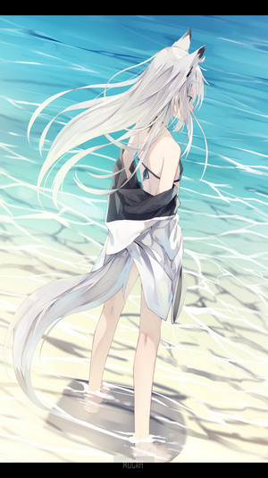 Anime girl with white hair and animal ears on a beach