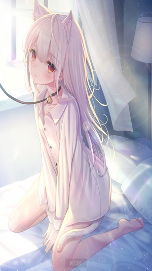 Anime Girl with White Hair and Neko Ears in Soft Light