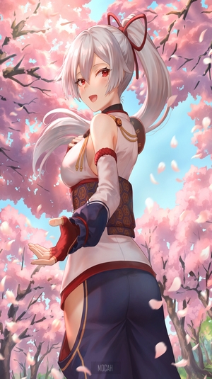 Tomoe Gozen from Fate/Grand Order with white hair and red eyes