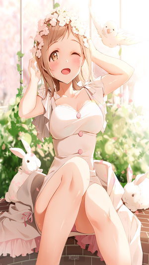 Anime girl with flower crown and rabbits