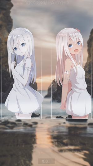 Two anime girls in white dresses on a beach at sunset