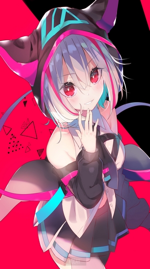 Anime girl with blue hair and red eyes wearing a hoodie