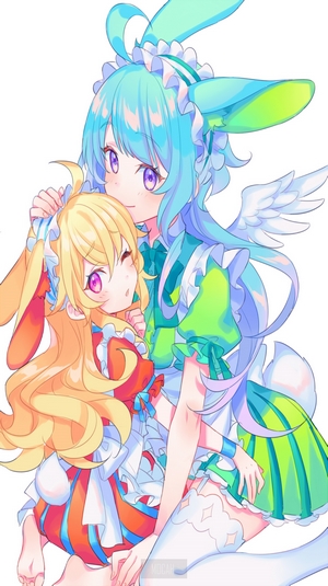 Anime girls with blue and blonde hair wearing maid outfits
