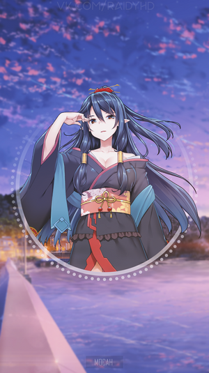 Anime girl in kimono against twilight sky