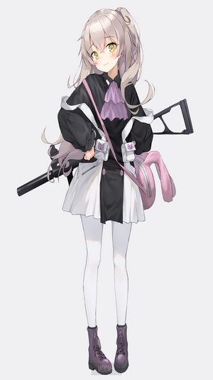 Anime girl with gray hair and a rifle
