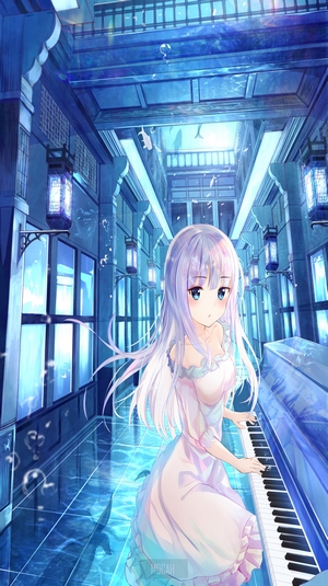 Anime girl playing piano in underwater hallway