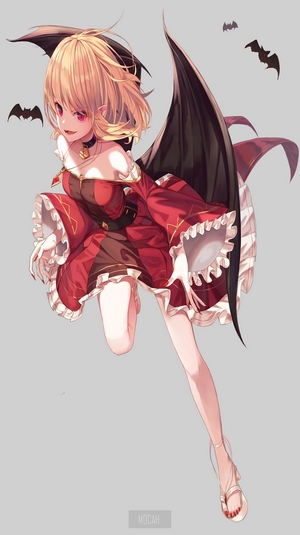 Anime Vampire Girl with Black Wings and Red Dress