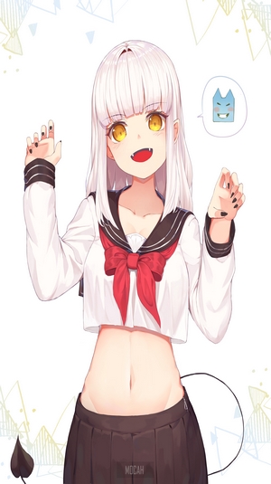 Anime demon girl with white hair in school uniform