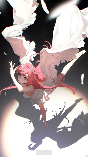 Anime girl with pink hair and red eyes dancing