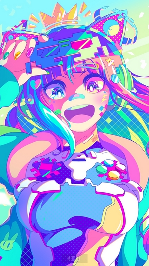Anime girl with crown and headphones holding controller