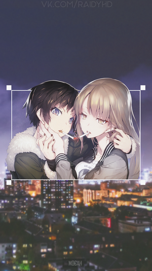 Anime couple smoking cigarettes at night