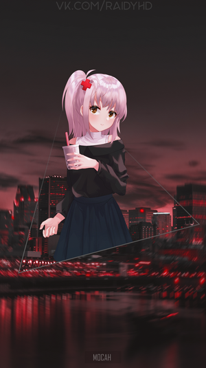 Anime girl with pink hair holding a drink in a city at night
