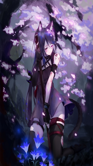 Melantha from Arknights in Moonlit Cherry Blossom Garden