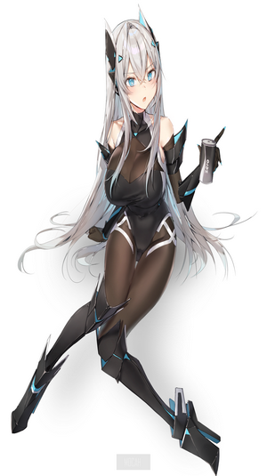 Anime girl with white hair and blue eyes holding a can