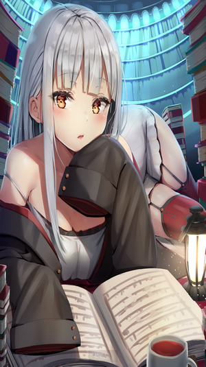 Anime girl with white hair reading in a library