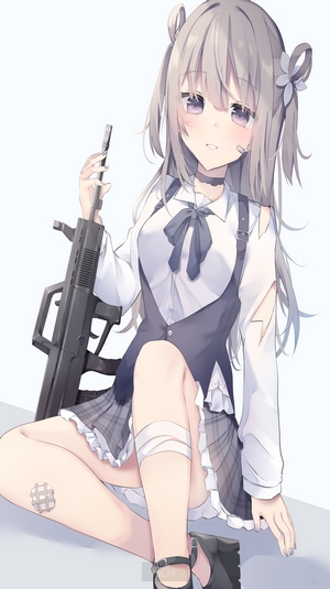 Anime girl with gray hair holding a gun