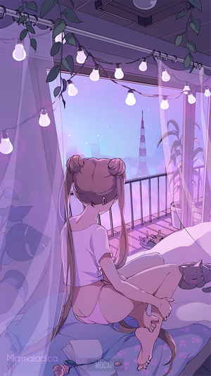 Usagi Tsukino from Sailor Moon on a balcony at night