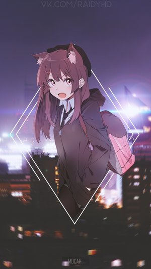 Anime girl with cat ears in a city at night