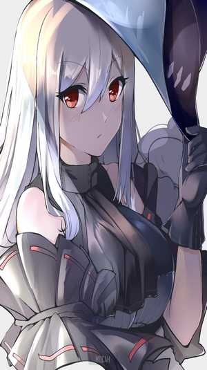 Anime girl with white hair and red eyes wearing gloves