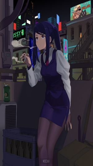 Julianne Stingray from VA-11 Hall-A smoking in a city at night