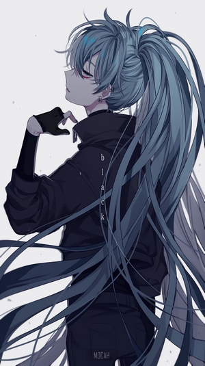 Hatsune Miku with Long Blue Hair in Black Sweater
