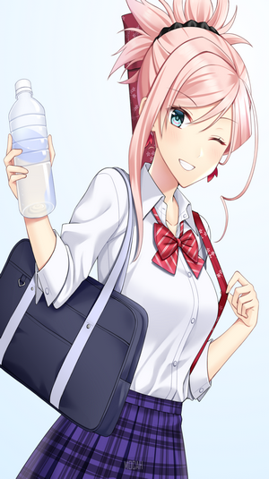 Miyamoto Musashi from Fate/Grand Order holding a water bottle