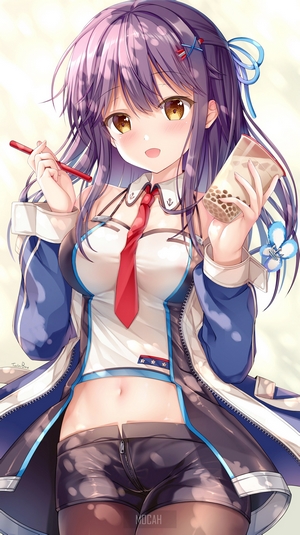 Anime girl with purple hair holding bubble tea and a straw
