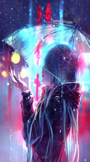 Anime girl with umbrella in the rain at night