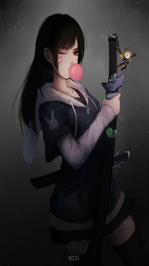 D.Va from Overwatch with a sword and bubblegum