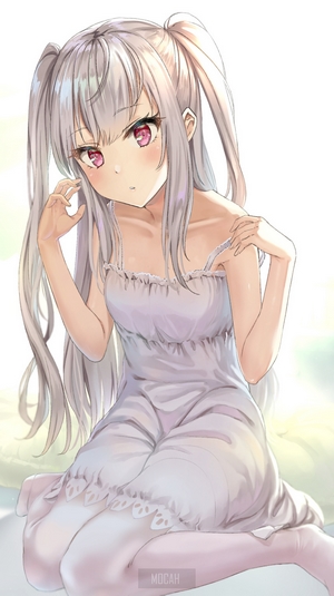 Anime girl with white hair and pink eyes in a dress