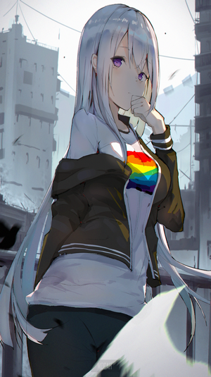 Anime girl with long white hair and purple eyes