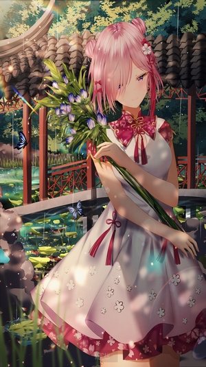 Anime girl with pink hair holding flowers in a garden