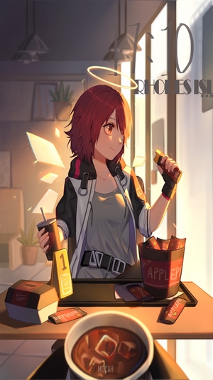 Exusiai from Arknights eating fast food