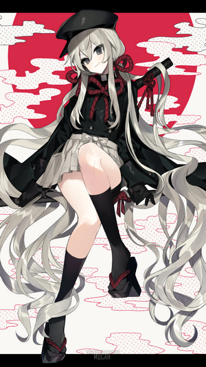 Anime girl with white hair and black eyes wearing a hat and skirt