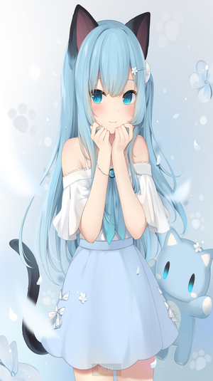 Cute Blue-Haired Anime Girl with Cat Ears