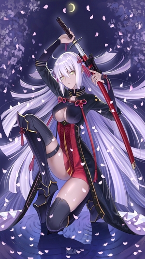 Fate/Grand Order Anime Girl with Katana and Cherry Blossoms