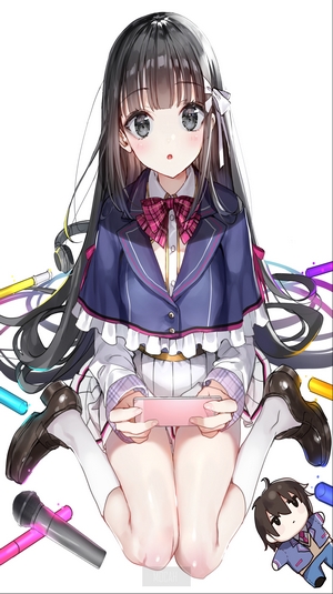 Anime girl playing a pink handheld game console