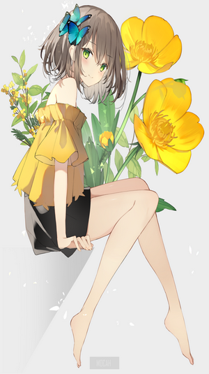Anime girl with butterflies and yellow flowers