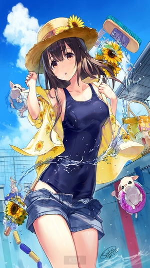 Anime girl in swimsuit and hat with sunflowers and dogs