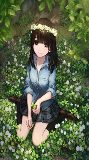 Anime girl with flower crown in a field of clovers