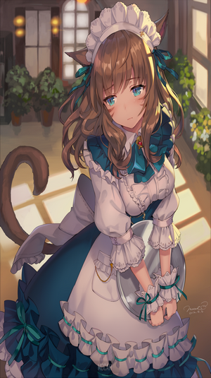 Anime cat girl maid holding a tray