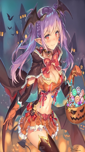 Anime girl in Halloween costume with candy bucket
