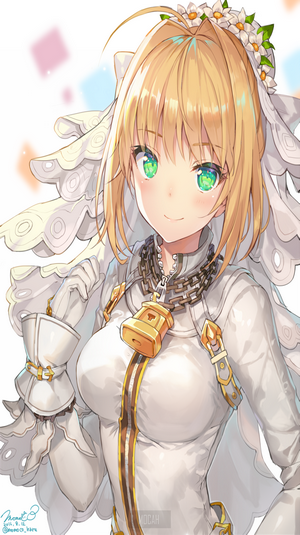 Blonde Anime Girl in White Dress with Green Eyes