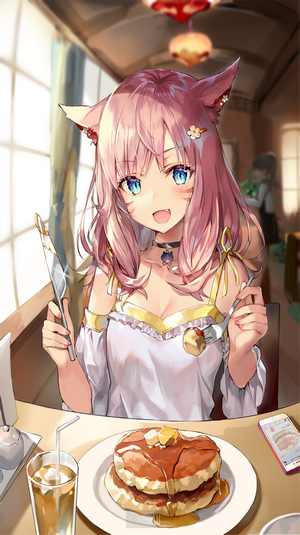 Anime girl with neko ears eating pancakes