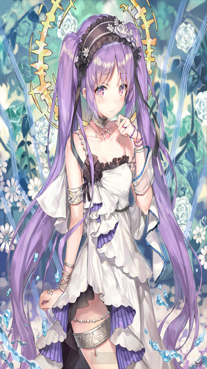 Anime girl with purple hair in white dress