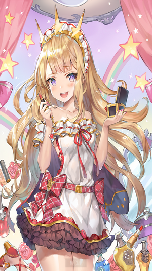 Anime girl with blonde hair applying lipstick