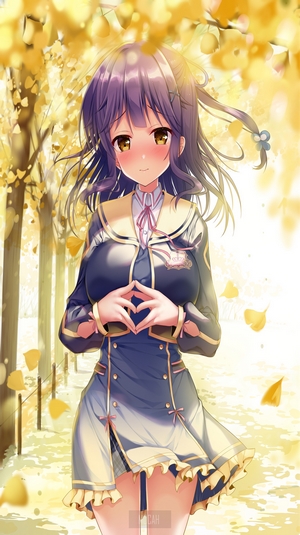 Anime girl in uniform with yellow leaves
